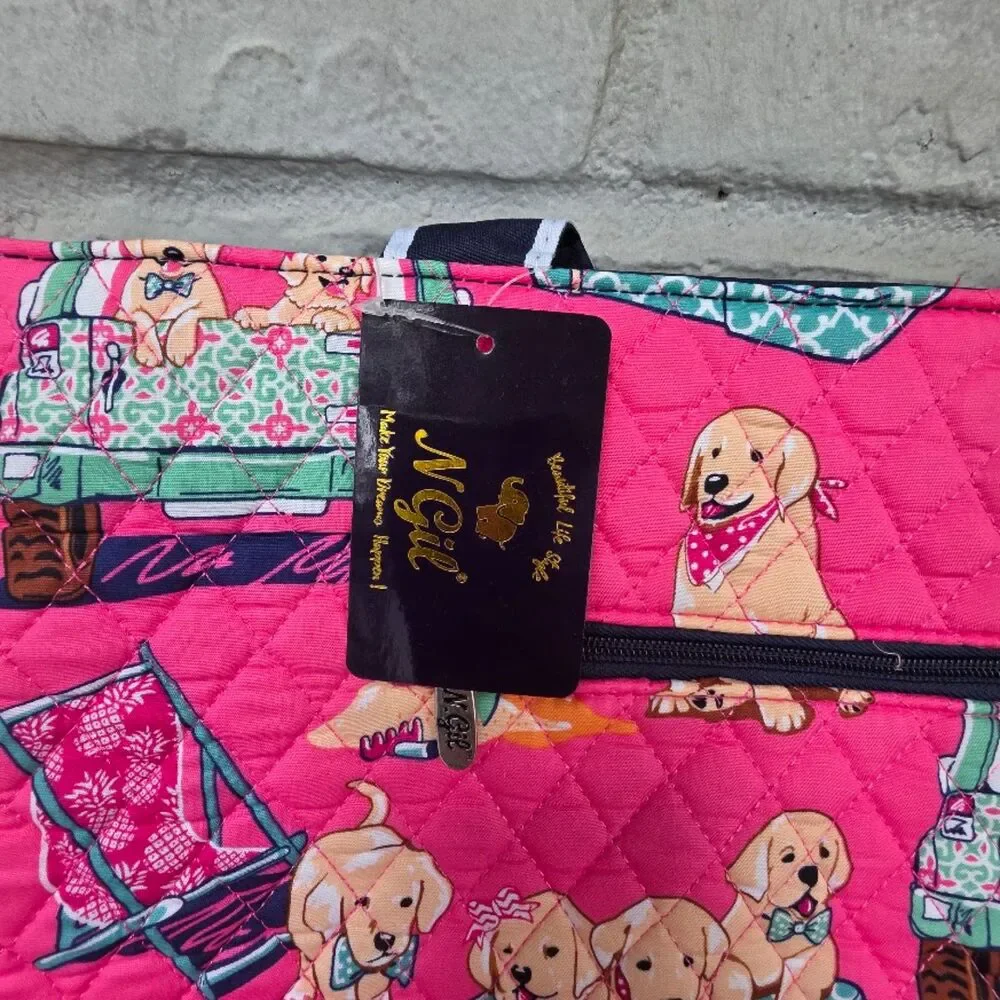 N.Gil Quilted Tote Bag Set Pink Golden Retriever Puppy Dog Print 3 Piece NWT